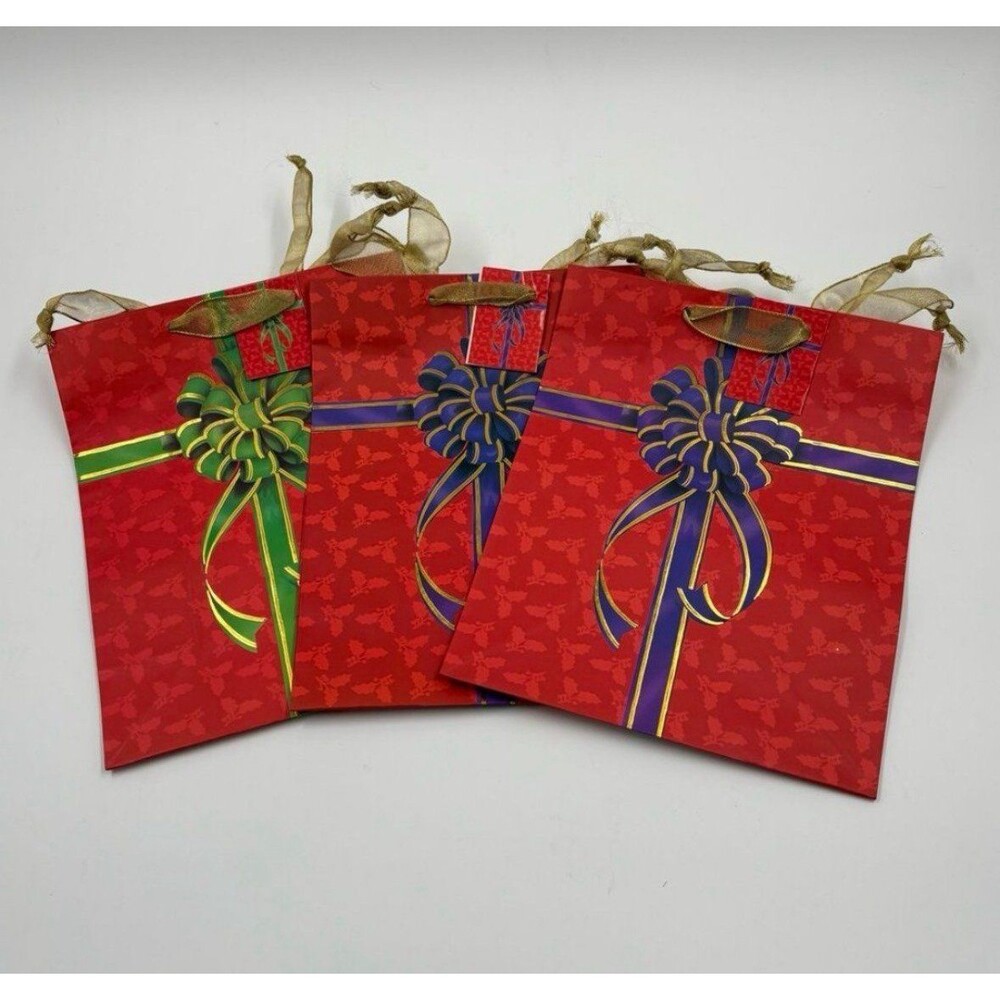 Set of 3 Red Gold Christmas Gift Bags Holiday Present Goodie Bags Ribbon Handles
